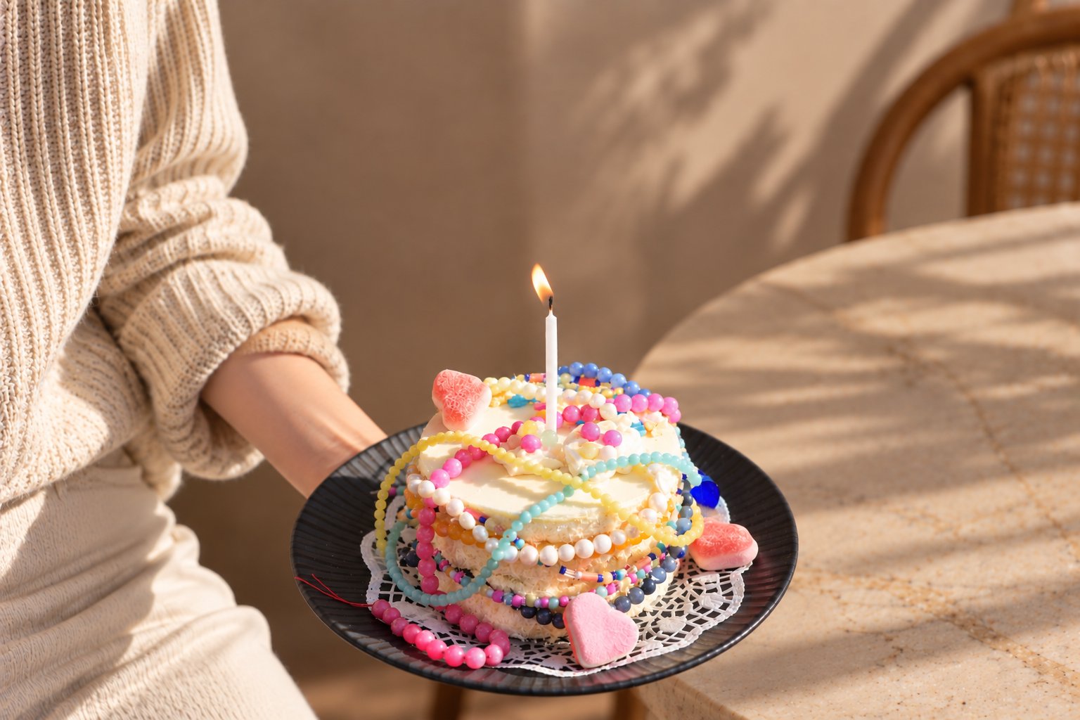 Kézben tartott torta színes gyöngysorokkal és egy égő gyertyával